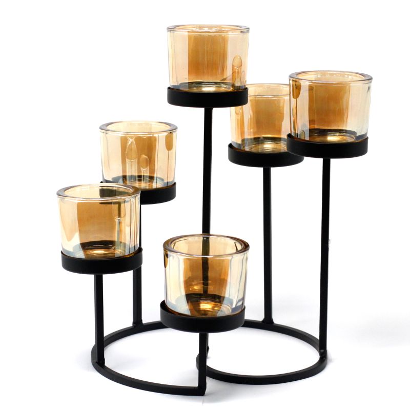 Централна украса, железен подсвечник за восъчни свещи - 6 чаши, кръгло дърво