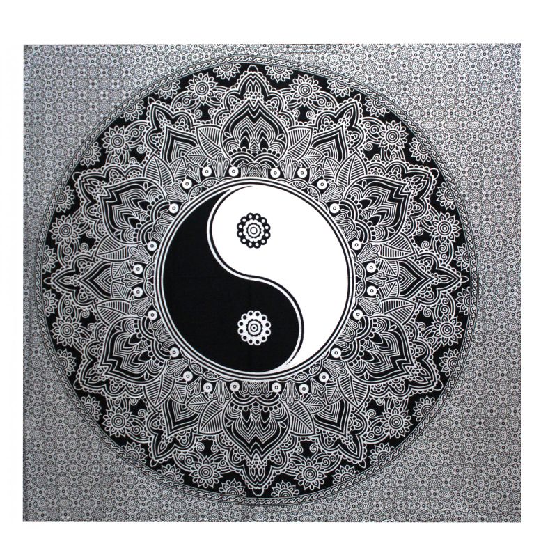 Черно-бяла двуслойна памучна покривка за легло и стенно украшение - Ying yang