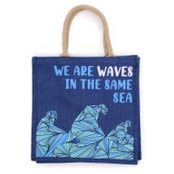 Принтирана джутова чанта - We are Waves - Сив, син и естествен