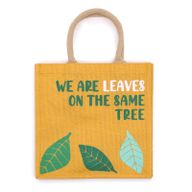 Печатана джутова торба - We are Leaves - жълта, синя и естествена