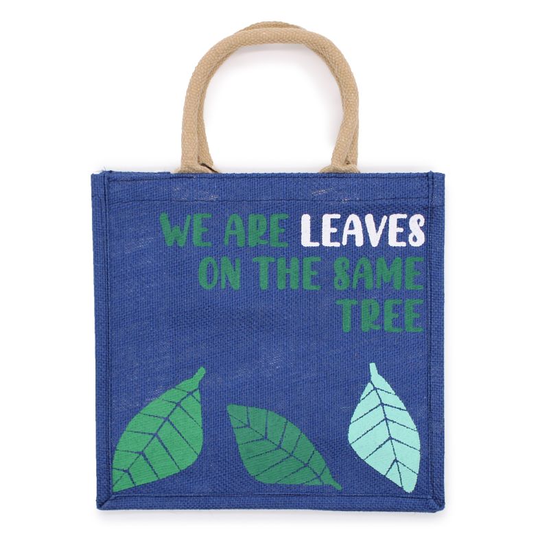 Печатана джутова торба - We are Leaves - жълта, синя и естествена