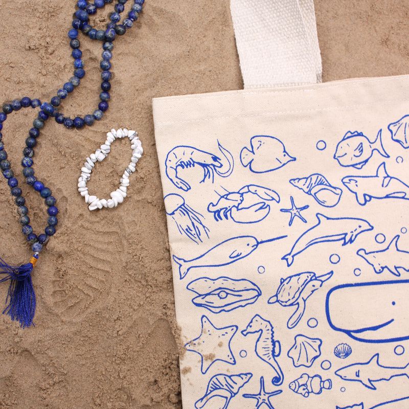 Голяма памучна торба за пазаруване - 38x42 см - Sea Life - 10 унции