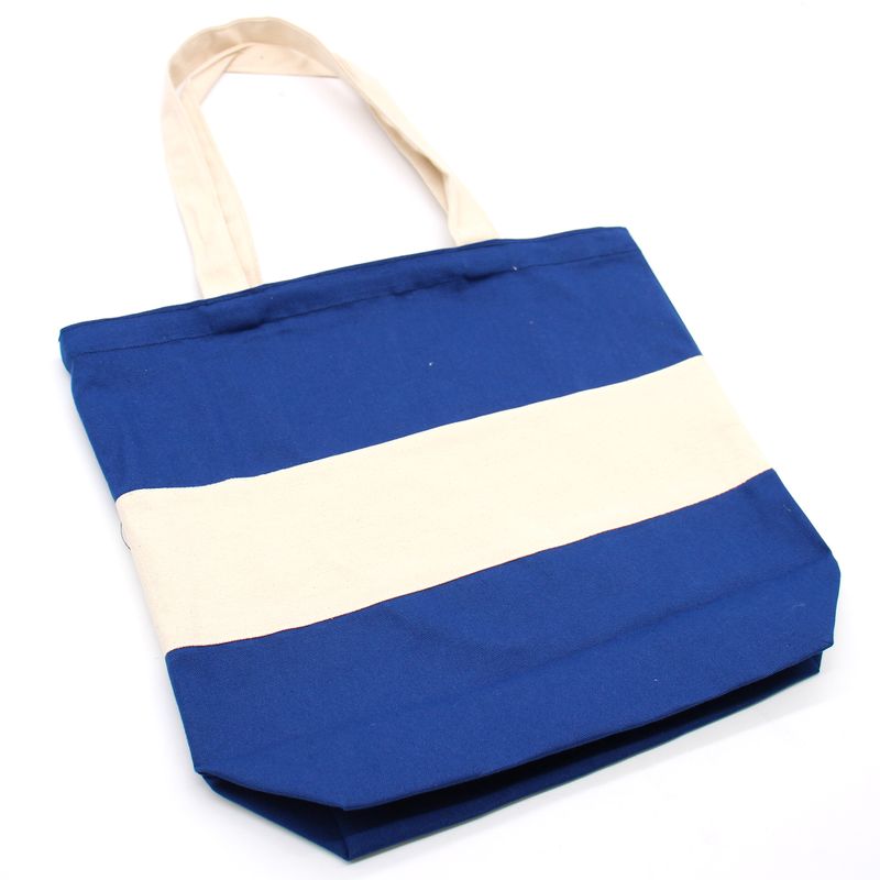 Двуцветна памучна чанта - 38x42x12 см - Синя и естествена - 10 унции