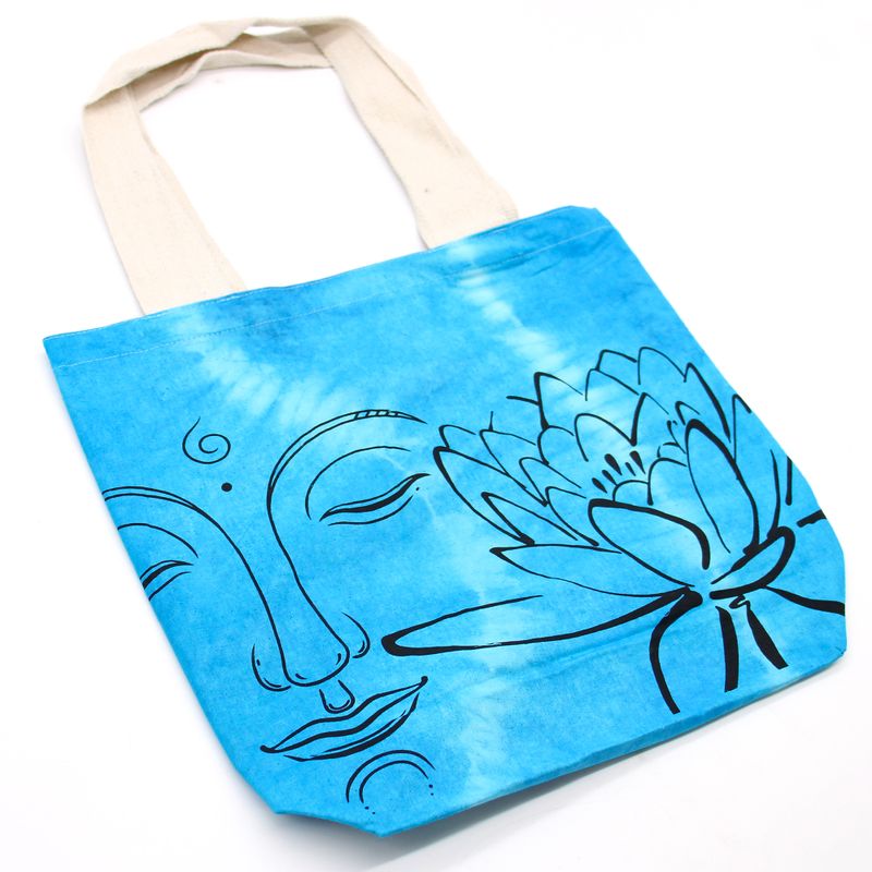 Памучна чанта в стил тай-дай (6 унции) - Лотос Будда - син - естествена дръжка