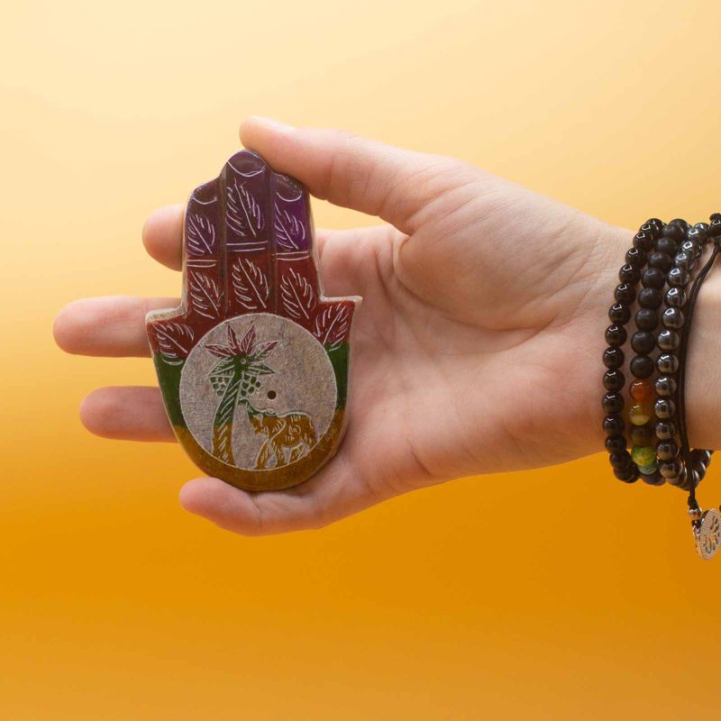 Поставка за Тамян от Стеатит "Hamsa" - 9x6см - Слон и Палма