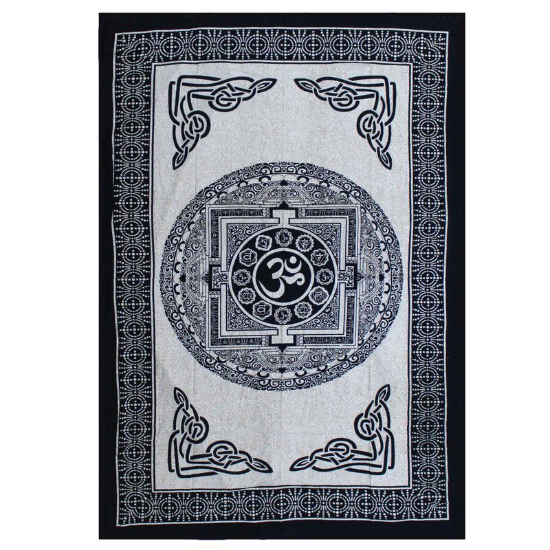 Памучно покривало за едно легло + стенна украса - моно - OM Mandala