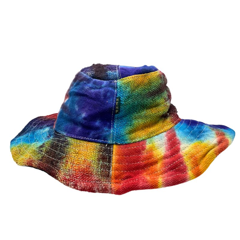 Шапка за фестивал Boho от коноп и памук, патчворк и жични ръбове - Tiedye