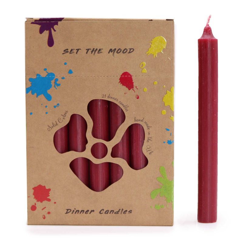Комплект едноцветни свещи за вечеря - пакет от 21 броя - рустик бургундски цвят
