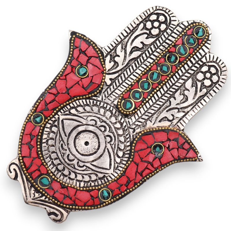 Малък Държач за Тамянни Пръчици "Hamsa" - Червено и Зелено - 13x5.5см