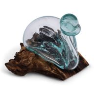 Декантер от разтопено стъкло под формата на патица върху дървена основа със запушалка, 19 см