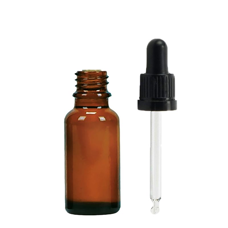 20 ml янтарна стъклена бутилка с капкомер и черна пипета