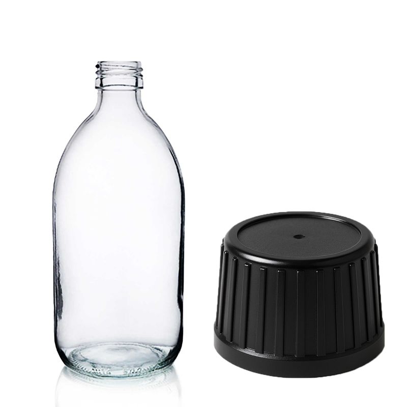 200ml Прозрачна стъклена бутилка за лекарства с черна капачка за сигурно запечатване
