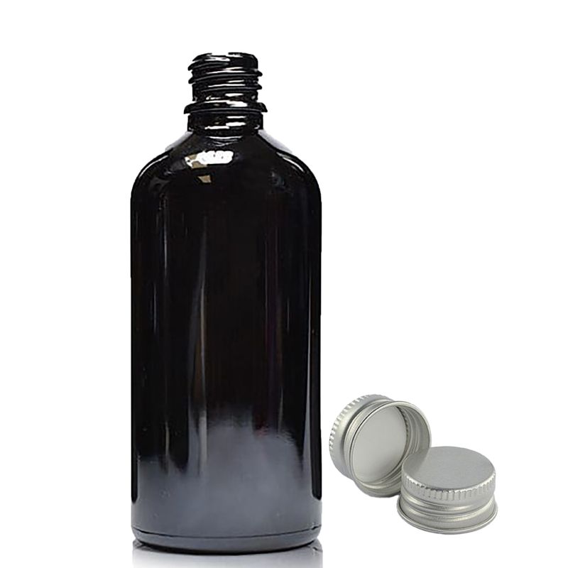 100ml черна стъклена бутилка с капкомер и алуминиева капачка