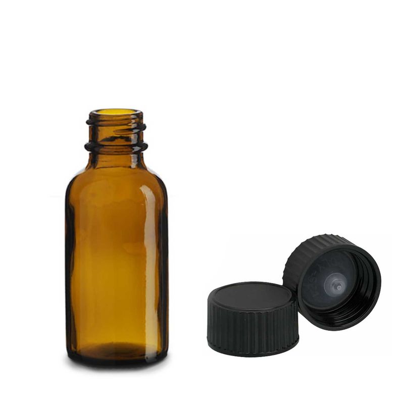 30ml янтарна стъклена бутилка Бостън с черна пластмасова капачка
