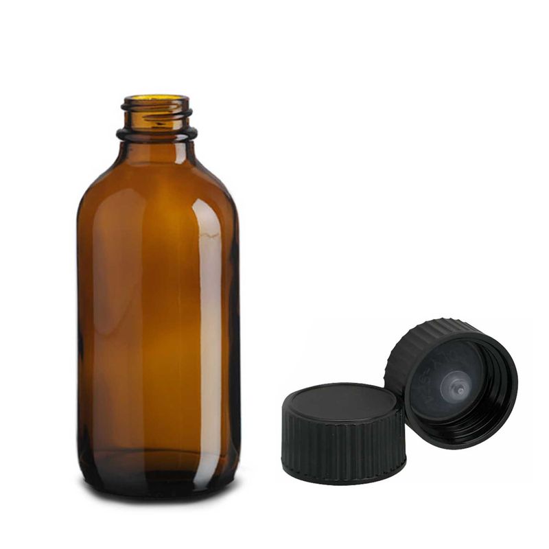 120ml янтарна стъклена бутилка Бостън с черна пластмасова капачка