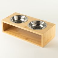 PAW купички за храна - големи, двойни купички от неръждаема стомана (201) в дървена стойка - 2x13 см