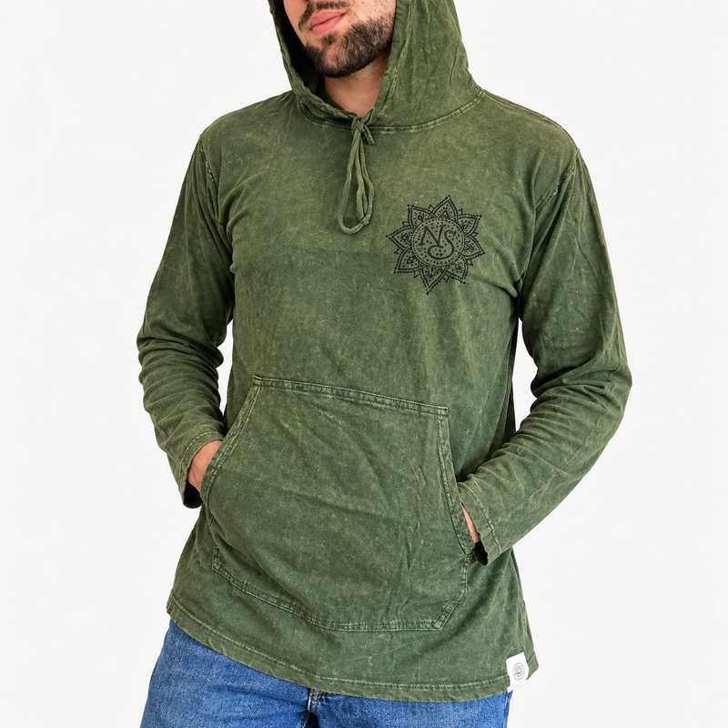 Малък камъчно прано худи риза с джоб кенгуру - винтидж теал