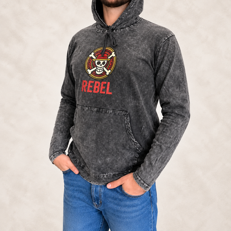 Малък камъчно изпран худи с кенгуру джоб - сив REBEL